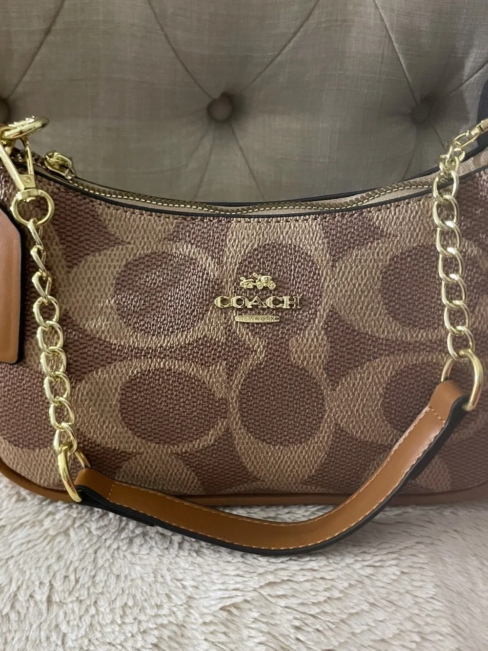 Coach Brown Signature Canvas Shoulder Bag with Gold Chain Trim